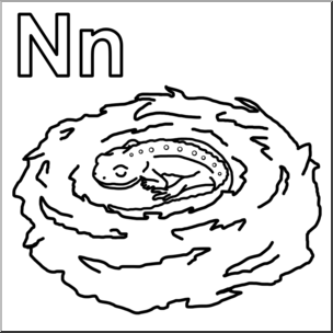 Clip Art: Alphabet Animals: N – Newt Naps in a Nest (B&W)