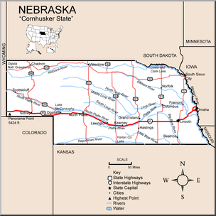 Clip Art: Us State Maps: Nebraska Color Detailed – Abcteach