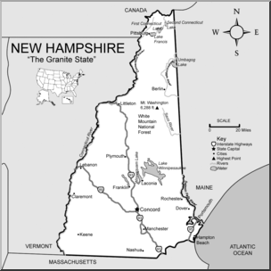 Clip Art: US State Maps: New Hampshire Grayscale Detailed