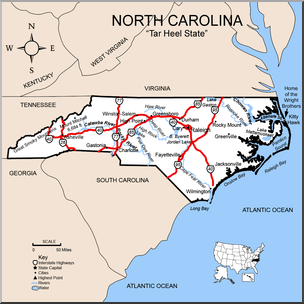Clip Art: US State Maps: North Carolina Color Detailed