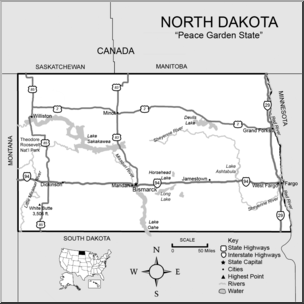 Clip Art: US State Maps: North Dakota Grayscale Detailed
