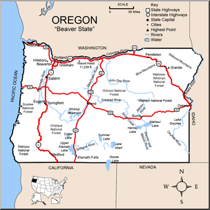 Clip Art: US State Maps: Oregon Color Detailed