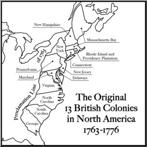Clip Art: United States History: Original 13 North American British Colonies B&W