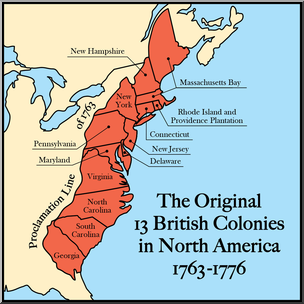 Clip Art: United States History: Original 13 North American British Colonies Color