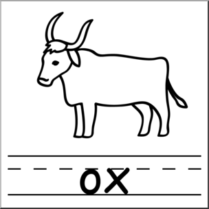 Clip Art: Basic Words: Ox B&W Labeled
