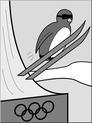 Clip Art: Cartoon Olympics: Penguin Ski Jumping Grayscale
