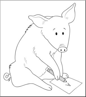 Clip Art: Cartoon Pig with Pencil and Paper B&W