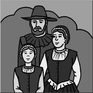 Clip Art: Pilgrim Family Grayscale