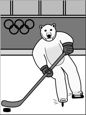 Clip Art: Cartoon Olympics: Polar Bear Ice Hockey Grayscale