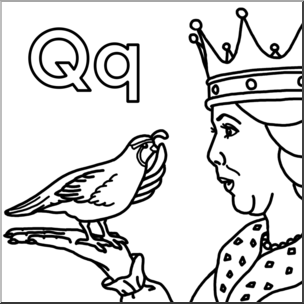 Clip Art: Alphabet Animals: Q – Quail Quiets the Queen (B&W)