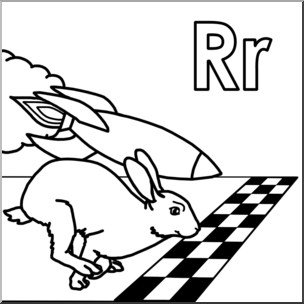 Clip Art: Alphabet Animals: R – Rabbit Races a Rocket (B&W)