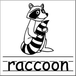 Clip Art: Basic Words: Raccoon B&W Labeled