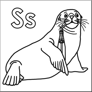 Clip Art: Alphabet Animals: S – Seal Sips a Soda (B&W)