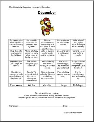 Monthly Activity Calendars: Homework: December (secondary/special needs)