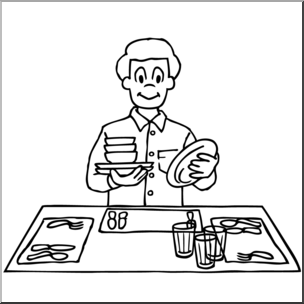 Clip Art: Kids: Chores: Setting the Table B&W