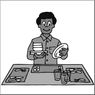 Clip Art: Kids: Chores: Setting the Table Grayscale