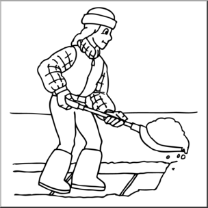 Clip Art: Kids: Chores: Shoveling Snow B&W