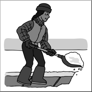 Clip Art: Kids: Chores: Shoveling Snow Grayscale