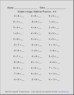 Simple Integer Addition Practice Pack (includes negative integers)
