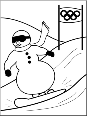 Clip Art: Cartoon Olympics: Snowman Snow Boarding B&W