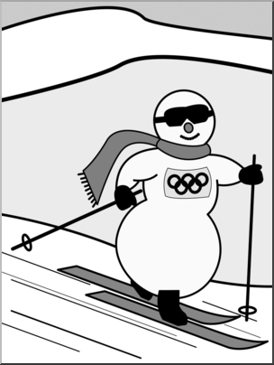 Clip Art: Cartoon Olympics: Snowman Cross Country Skiing Grayscale