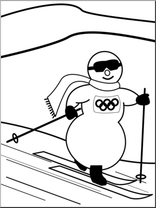 Clip Art: Cartoon Olympics: Snowman Cross Country Skiing B&W
