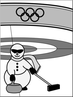 Clip Art: Cartoon Olympics: Snowman Curling Grayscale