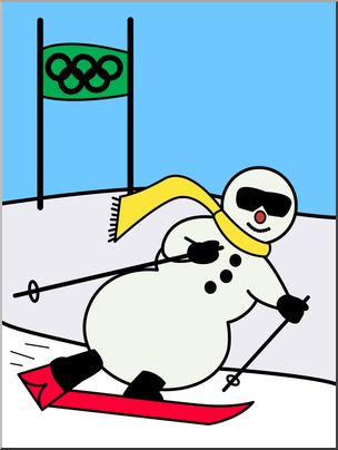 Clip Art: Cartoon Olympics: Snowman Skiing Color
