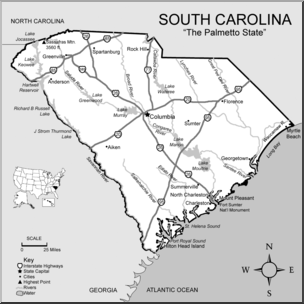 Clip Art: US State Maps: South Carolina Grayscale Detailed – Abcteach