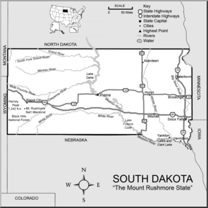Clip Art: US State Maps: South Dakota Grayscale Detailed