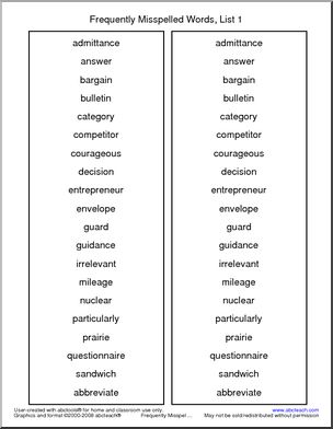 Frequently Misspelled Words (list 1) Spelling List
