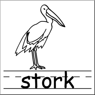 Clip Art: Basic Words: Stork B&W Labeled