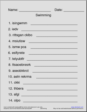 Unscramble the Words: Swimming Terminology