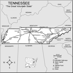 Clip Art: US State Maps: Tennessee Grayscale Detailed