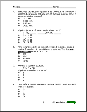 Spanish: MatemÂ·ticas – Test de prÂ·ctica. Nivel 2 (elementaria/secundaria)