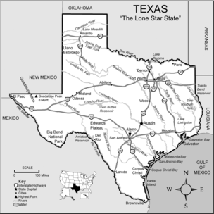 Clip Art: US State Maps: Texas Grayscale Detailed