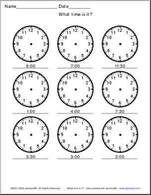 Telling Time – analog clocks – 30 min. (small) Clip Art