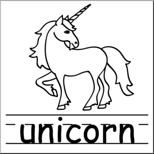 Clip Art: Basic Words: Unicorn B&W Labeled