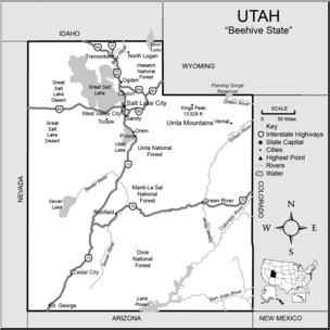 Clip Art: US State Maps: Utah Grayscale Detailed