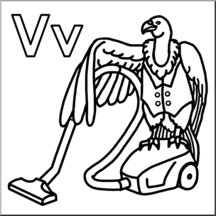 Clip Art: Alphabet Animals: V – Vulture Vacuums in a Vest (B&W)