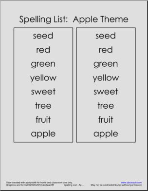 Spelling List: Apple Theme (primary)