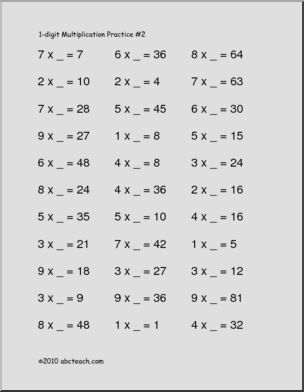 Multiplication Single Digit Worksheet (elem) Math