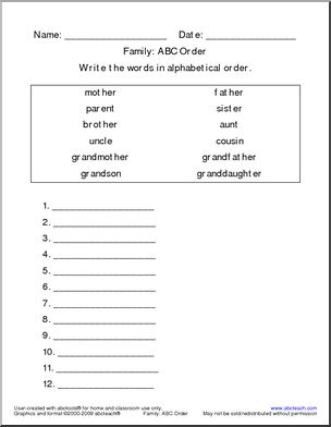 Family (write on lines) ABC Order