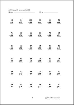 Worksheet: Addition – sums up to 200 (set 4) – Abcteach