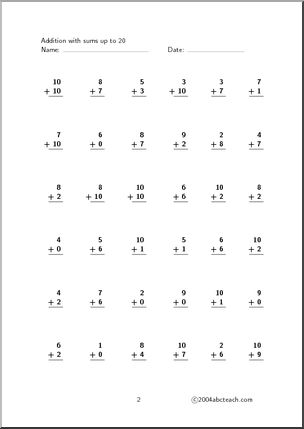 Worksheet: Addition – with sums up to 20 (set 1) – Abcteach