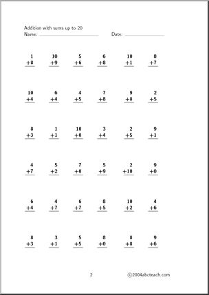 Worksheet: Addition – sums up to 20 (set 6) – Abcteach