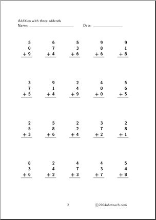 Worksheet: Addition – Three Addends – single digits (set 2) – Abcteach