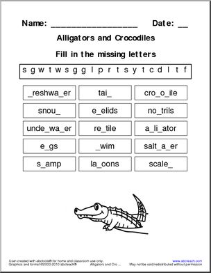 Missing Letter: Alligator or Crocodile (easy) (primary)