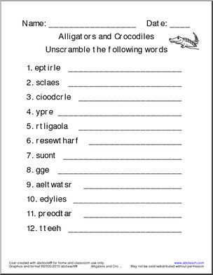 Word Unscramble: Alligator or Crocodile (hard) (elementary)