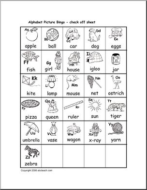 Bingo: Alphabet Pictures (short initial vowels) – check sheet